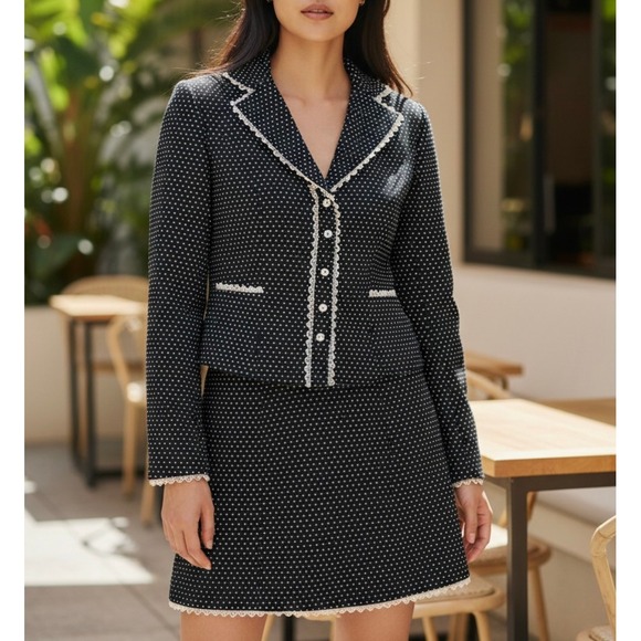 Nanette Lepore Vintage Polka Dot Lace Trim Skirt Blazer Set Size 2